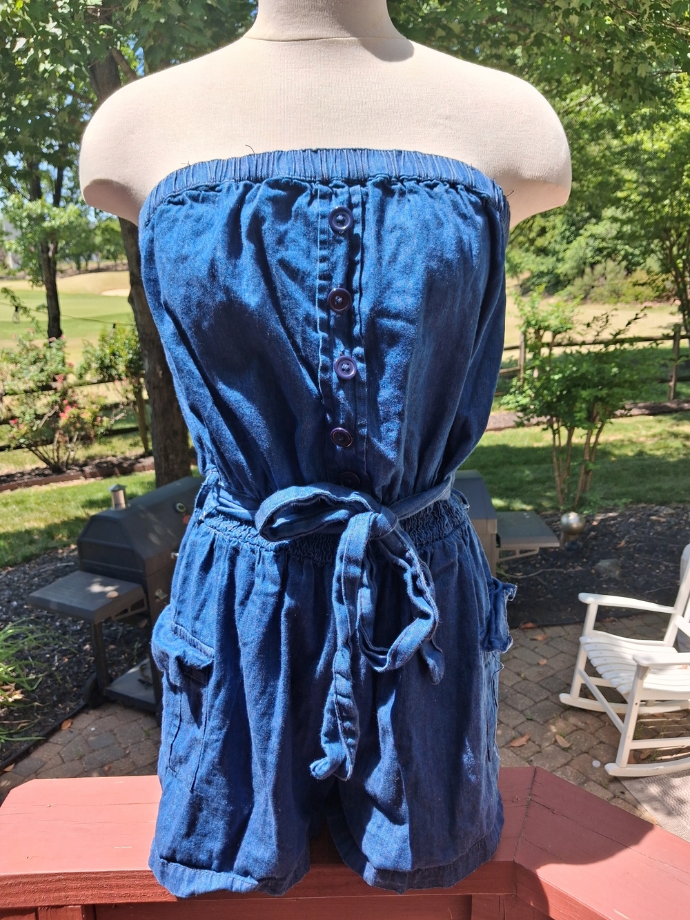 Navy Blue Button-Front Denim Romper